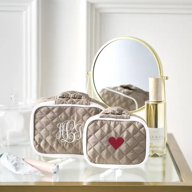 ダイヤモンドキルトポーチ | 刺繍入り2点セット | ミニ×1 スモール×1 | サンド 